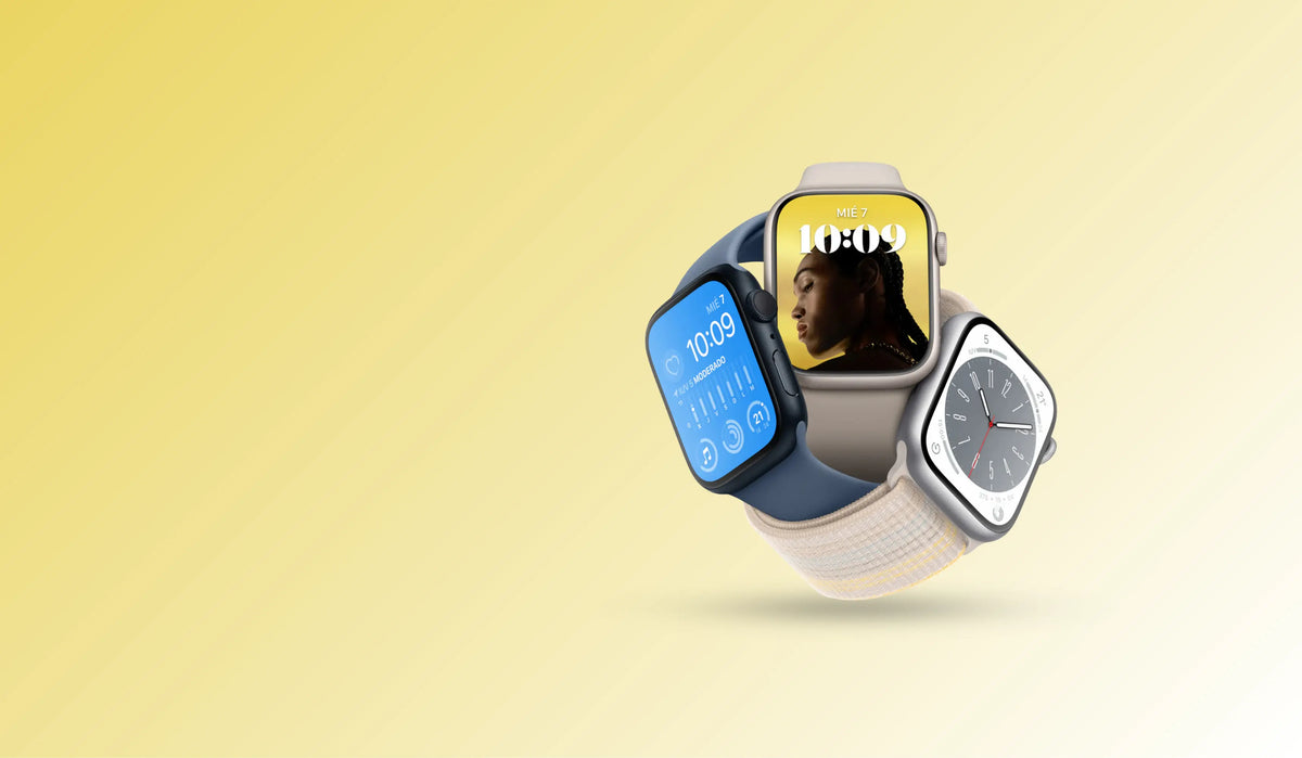 Smartwatch with different display faces on a yellow background