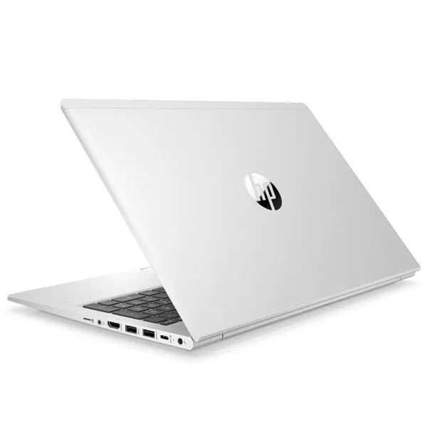 Silver HP laptop on a white background