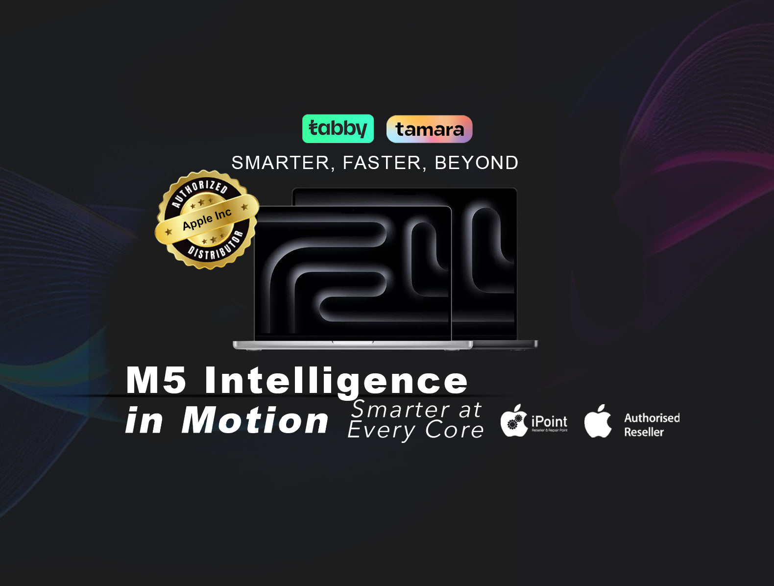 Advertisement for a laptop with text about M5 Intelligence in Motion and Apple Inc. branding on a dark background.