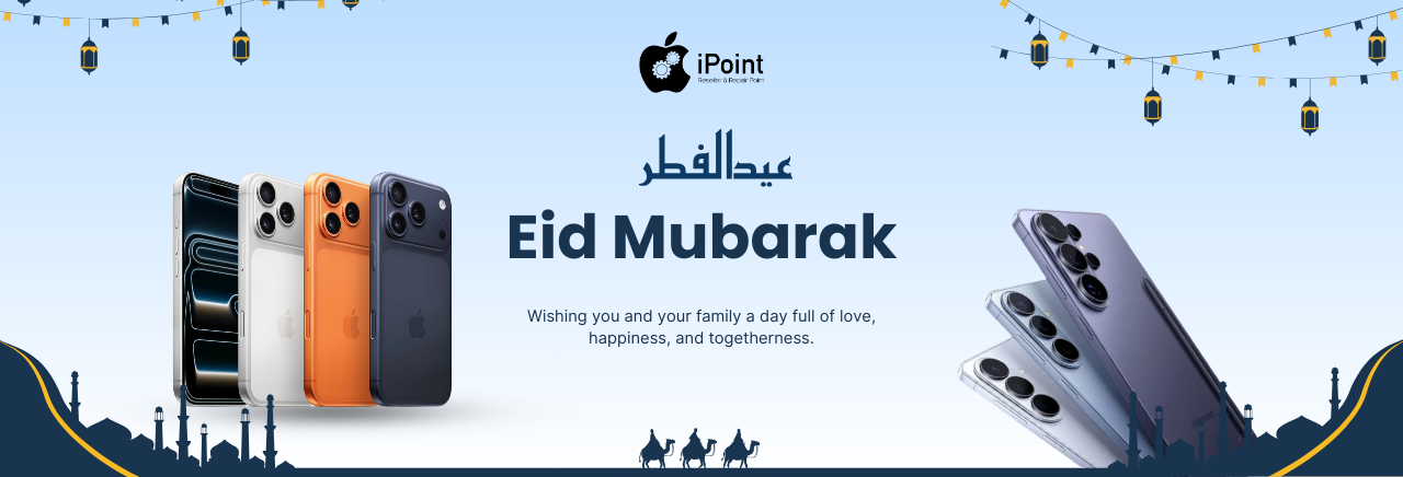 Eid Mubarak message with smartphone models on a blue background