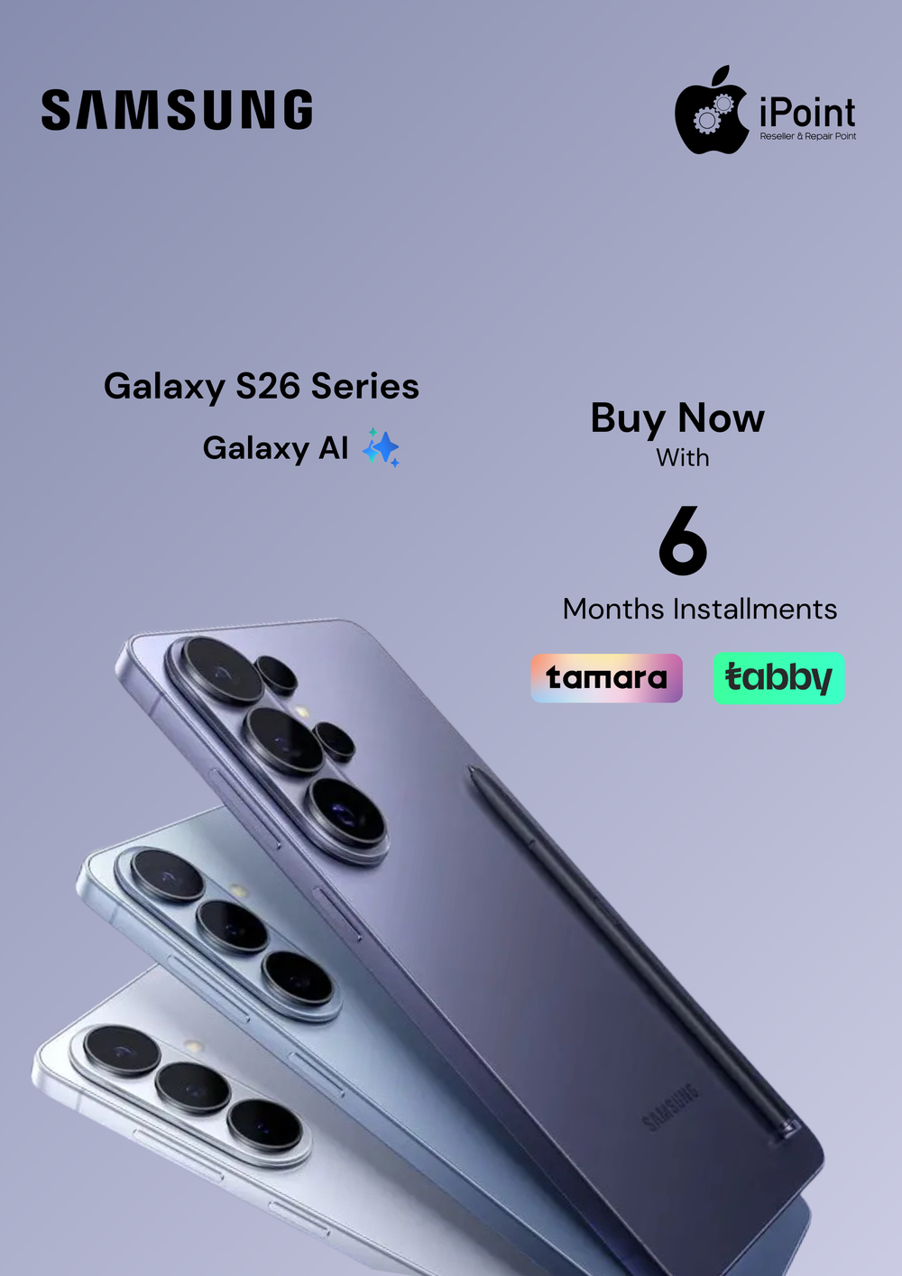 Samsung Galaxy S26 Series advertisement with phone images on a light purple background.