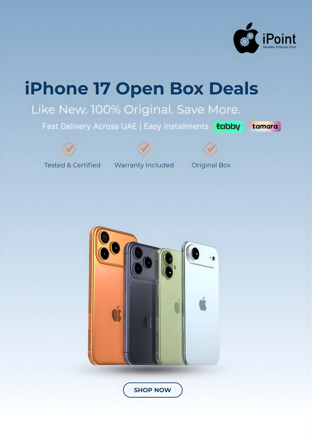 Advertisement for iPhone 17 open box deals with four phones displayed on a light blue background.