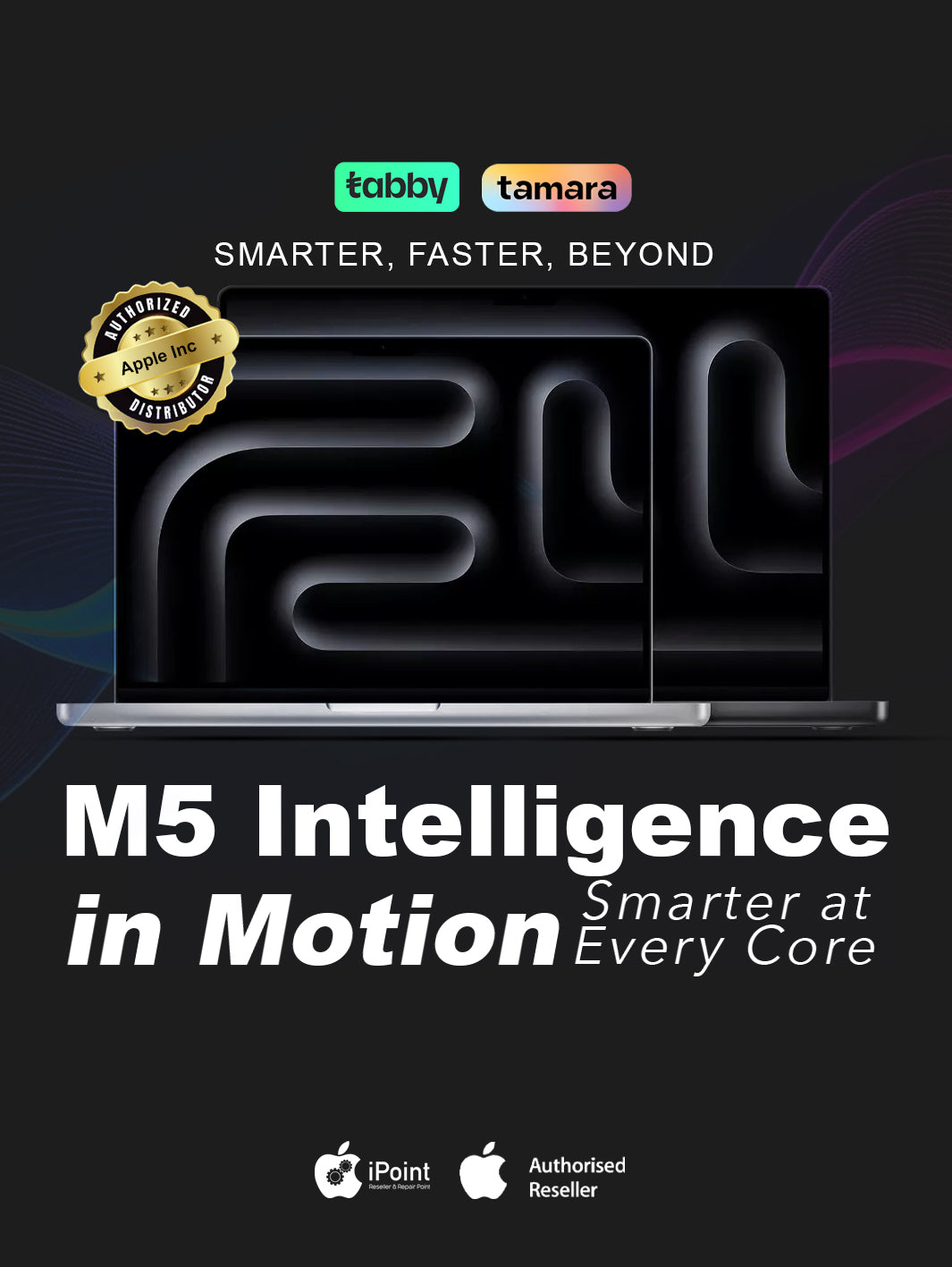 Laptop with M5 Intelligence branding on a dark background