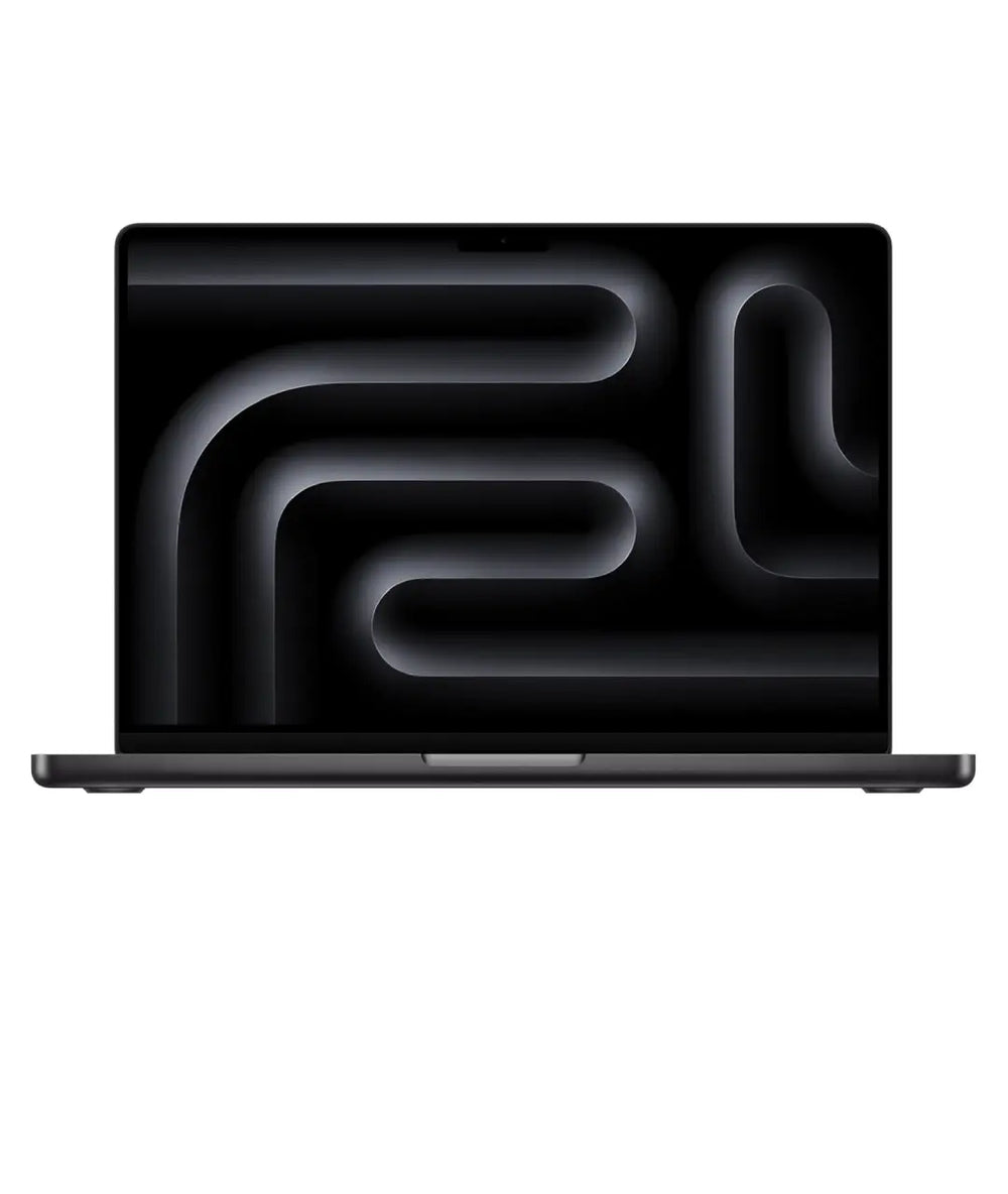 Laptop with a black screen displaying abstract white lines on a white background