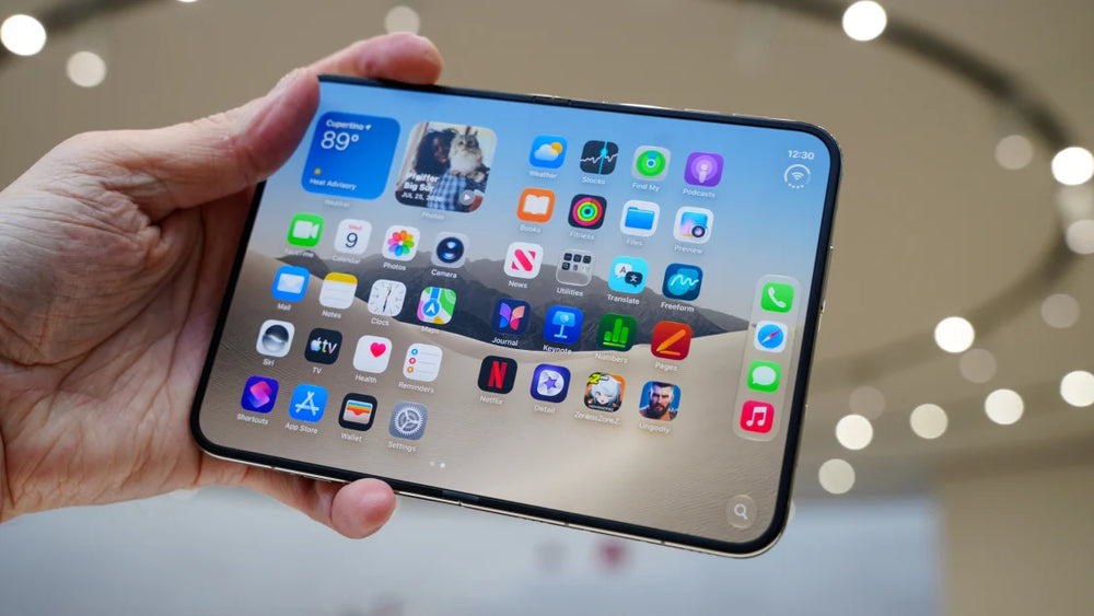 A hand holding a large smartphone with a curved screen and black bezel, showing a colorful home screen with various app icons against a softly blurred indoor background with bokeh lights.