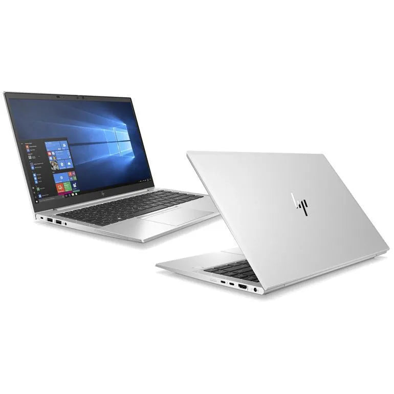 Silver laptop with open lid showing Windows operating system on screen, closed lid facing camera on white background