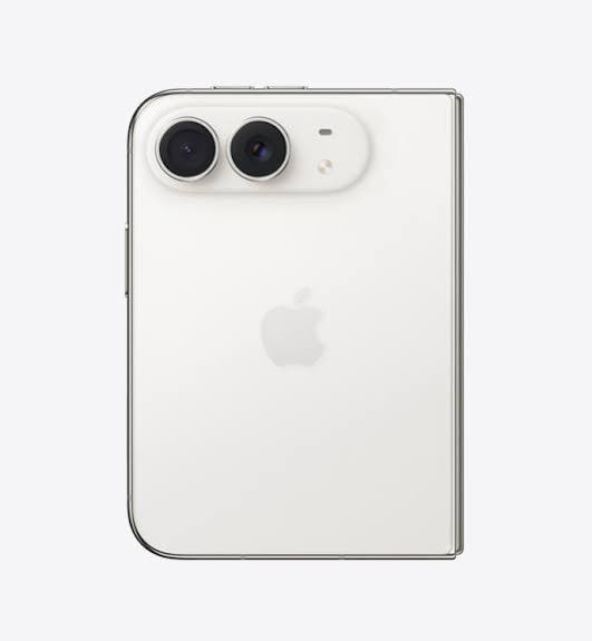 A white Apple iPhone shown from the back, featuring a dual-camera system in a white camera bar and a silver Apple logo on a clean white background.