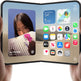 A hands-on view of a folding smartphone held open by two hands against a plain white background. The device has a black frame and a large display showing a colorful home screen interface.