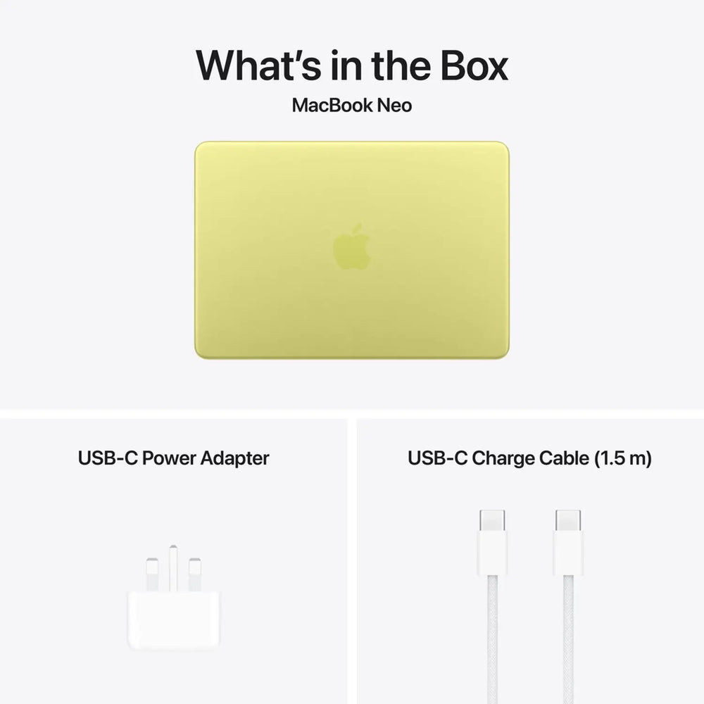 Yellow MacBook Neo with USB-C power adapter and charge cable on a white background