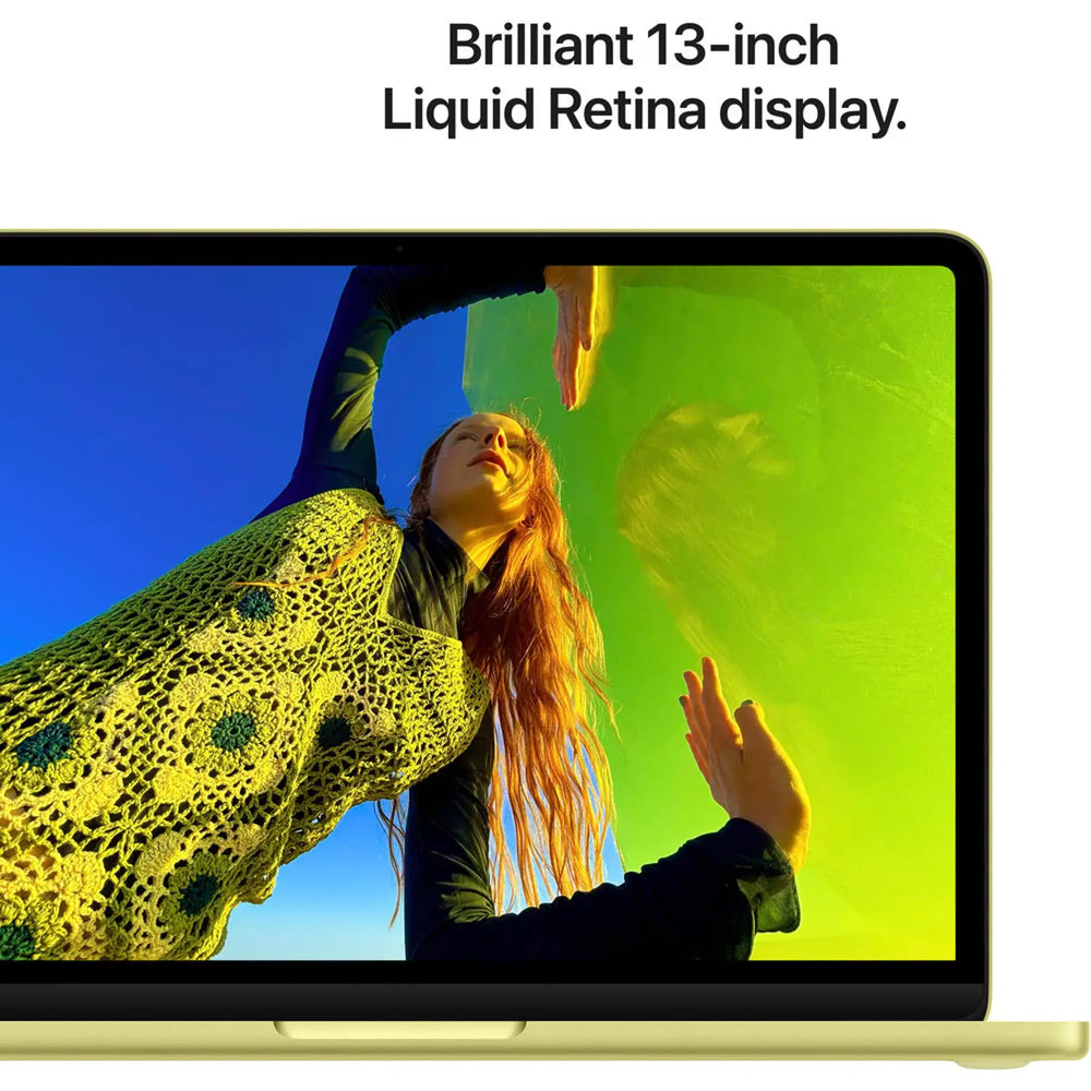 Laptop screen displaying a woman with red hair against a blue sky, with text 'Brilliant 13-inch Liquid Retina display.'