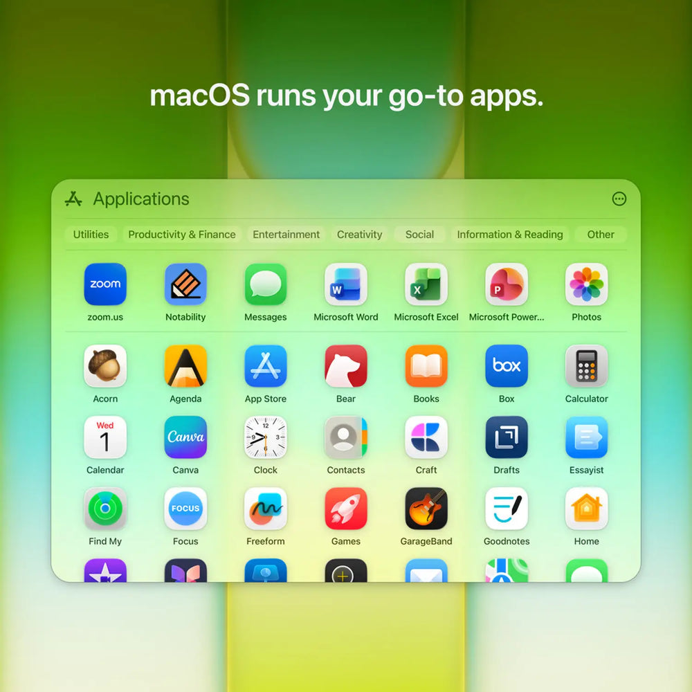 macOS application screen with app icons on a green gradient background