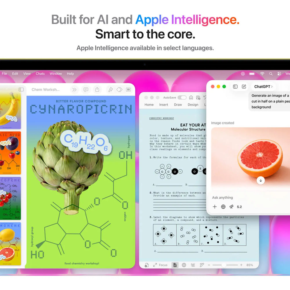 Screenshots of a computer interface with AI and Apple Intelligence features, including a molecule diagram and a grapefruit image.